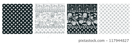 Set of 4 Indian floral monochrome patterns with abstract trailing flowers and leaves 117944827