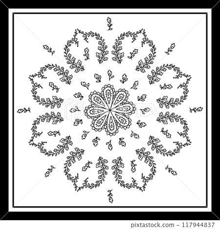 Monochrome black and white or bandana design with paisley mandala pattern and floral elements 117944837