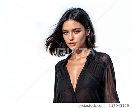 A stunningly beautiful woman with dark tousled hair models a sheer black blouse left tantalizingly unbuttoned, gazing with a smoldering, seductive expression in this high-fashion, boudoir-inspired 117945139
