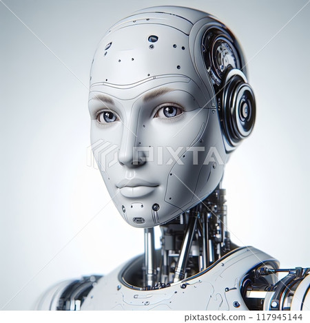 Close up of a metal robots face on a gray background 117945144