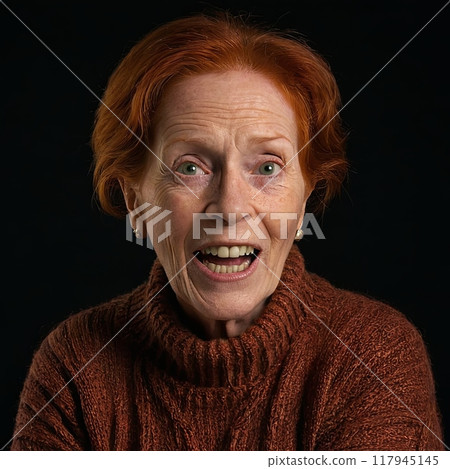 A senior woman with red hair and blue eyes, screaming in shock or fear. She is wearing a green sweater on a plain black background. Her facial expression is intense and very emotional, with wide-open 117945145