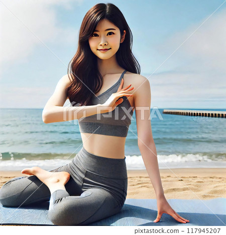 生成的一幅女人在海灘上享受瑜珈的圖畫 117945207