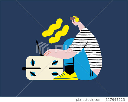Creative workspace, modern flat vector concept illustration of a man working sitting with laptop on baggage suitcase Remote work, flexibility, independence, efficiency, mobility, synergy, freedom 117945223