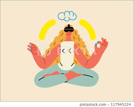 Creative workspace, modern flat vector concept illustration of a woman working sitting meditating with a computer Remote work, flexibility, independence, efficiency, mobility, synergy, freedom 117945224