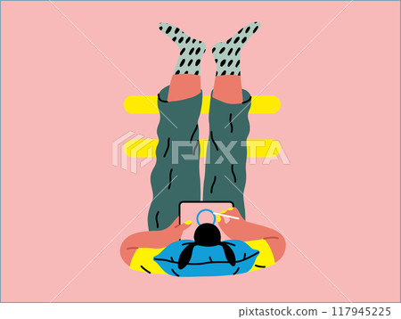 Creative workspace, modern flat vector concept illustration of a woman working laying down with a computer Remote work, flexibility, independence, efficiency, mobility, synergy, freedom 117945225