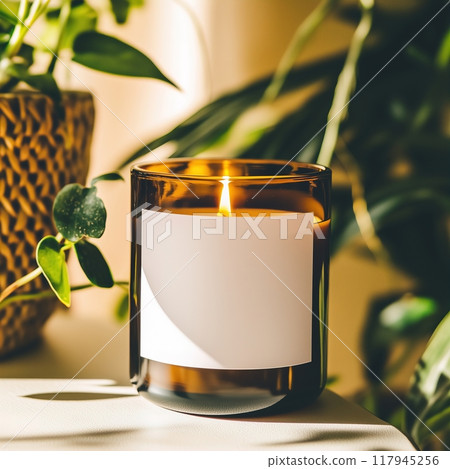 Amber glass candle jar mockup, cylindrical amber candle with blank label, candle burning, cozy sunny bright home interior decor 117945256