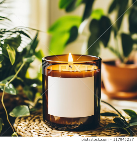 Amber glass candle jar mockup, cylindrical amber candle with blank label, candle burning, cozy sunny bright home interior decor 117945257