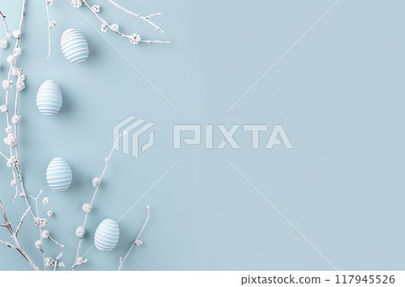 A blue background with white eggs and branches A blue background with white eggs and branches 117945526