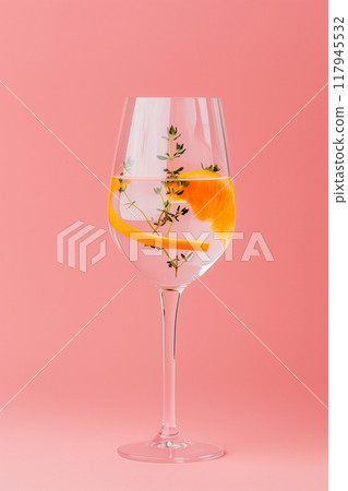 A glass of water with a slice of orange and a sprig of thyme 117945532