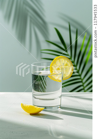 A glass of water with a slice of lemon in it A glass of water with a slice of lemon in it 117945533