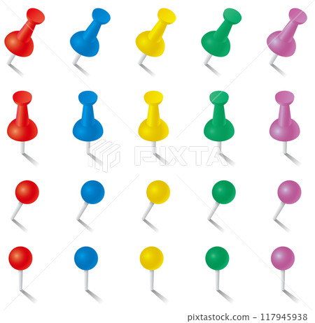 各種形狀的圖釘和圖釘的向量插圖集 117945938