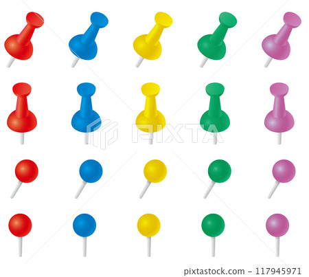Vector illustration set of push pins and thumb tacks of various shapes 117945971