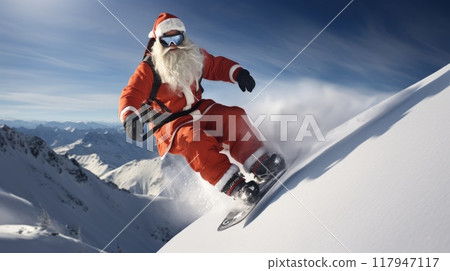 Santa Claus on snowboard in mountains. Santa Claus on vacation. Surfing Santa. Santa goes snowboarding. 117947117