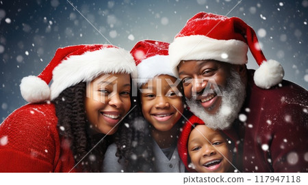 Happy African American family smiling and wearing Santa hats. Family time Christmas celebration. Grandparents and grandchildren. 117947118