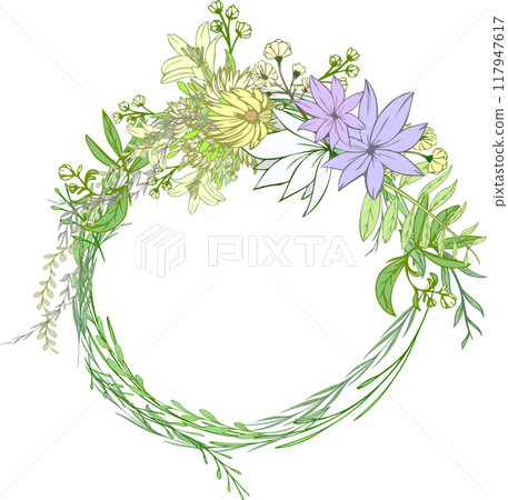 Floral design decorative circle/round illustrated frame with flowers, buds, leaves and grass 117947617