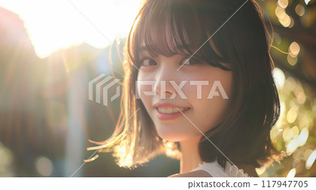 A cute Japanese woman smiling in a park illuminated by the setting sun 117947705