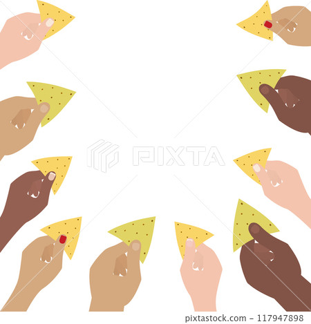 Hands of men and women of different race hold corn and spinach nachos in rectangular shape Copyspace Hands of men and women of different race hold corn and spinach nachos in rectangular shape Copyspace 117947898