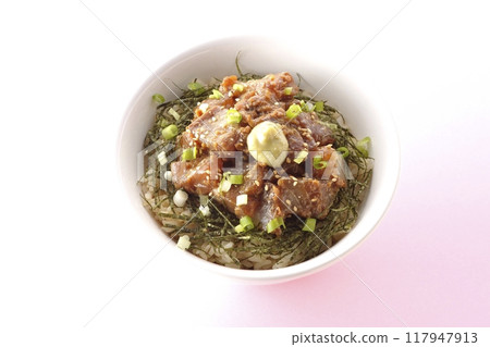 Aerial view of miso-marinated black sea bream rice bowl Aerial view of miso-marinated black sea bream rice bowl 117947913