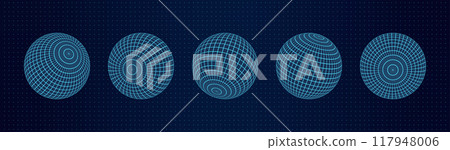 A set of 3D wireframe mesh spheres aligned on a dotted grid background. The abstract geometric shapes utilize a Y2K retro design combined with futuristic digital elements. 117948006