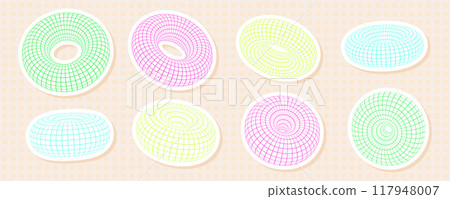 Brightly colored torus shapes in 3D with grid and wireframe mesh patterns. Abstract and retro Y2K donut sticker design, with vibrant geometric and futuristic elements. Brightly colored torus shapes in 3D with grid and wireframe mesh patterns. Abstract and retro Y2K donut sticker design, with vibrant geometric and futuristic elements. 117948007