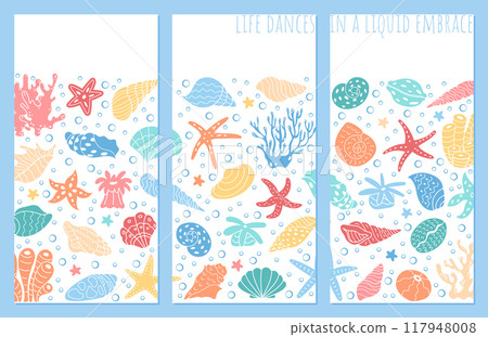 Marine life banner design set corals and seashells. The vibrant sea animals in collection of flyer template in an underwater ocean reef environment, full of life and colors. Marine life banner design set corals and seashells. The vibrant sea animals in collection of flyer template in an underwater ocean reef environment, full of life and colors. 117948008