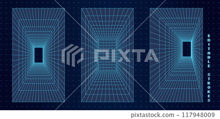 3D abstract grid tunnel shapes with wireframe mesh elements, creating a futuristic cyberpunk aesthetic. Geometry lines form tech-inspired y2k design. Neon blue pattern on dark background. 117948009