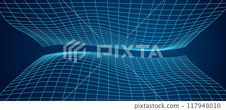 Abstract 3D grid shape with blue wireframe lines. Futuristic mesh and y2k design in geometric pattern. Digital art with tech elements and cyber style. Psychedelic structure. 117948010