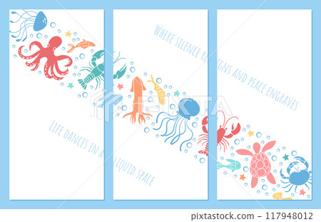 Lively underwater world filled with cheerful marine animals. Oceanic life featuring whimsical sea creatures and colorful reef scenes for graphic, poster template. Aquatic design with cartoon elements. 117948012