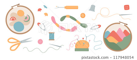 Sewing tools and embroidery supplies set with thread, needle, tailor, sewing, and sew objects. Includes scissors, buttons, pin cushion and embroidery hoops. Flat cartoon graphic, cute vector design. Sewing tools and embroidery supplies set with thread, needle, tailor, sewing, and sew objects. Includes scissors, buttons, pin cushion and embroidery hoops. Flat cartoon graphic, cute vector design. 117948054