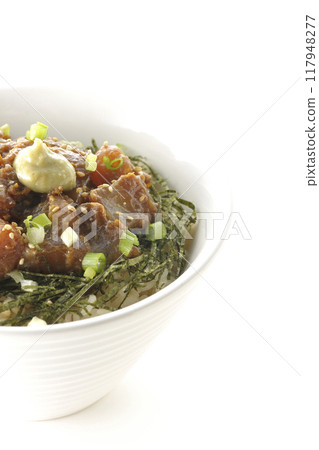 Black porgy miso rice bowl photographed on white background Black porgy miso rice bowl photographed on white background 117948277