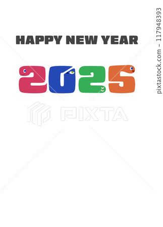 可愛的新年賀卡與蛇數字 2025 年蛇年白色背景明信片尺寸垂直 可愛的新年賀卡與蛇數字 2025 年蛇年白色背景明信片尺寸垂直 117948393