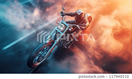 Surreal aerial motorcycle on road, motion blur, sunset, chrome parts, fog, smoke, movie lights and lighting, movie posters, top view 117948510