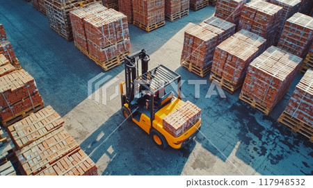 Portable Forklift working in red bricks storage factory 117948532