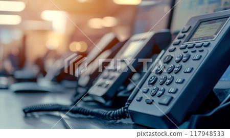 close up soft focus on telephone devices with copy space background at office desk in operation room for customer service support (call center) concept. 117948533