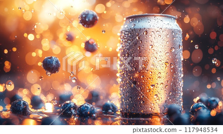 soft-drink can 330ml floating, tilted up slightly, facing camera, little chunks of blue berries in the air scattered too and blueberrys 117948534