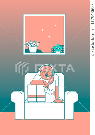 Smiling female gamer staying up all night 117948690