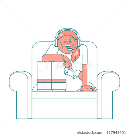 Smiling female gamer staying up all night Smiling female gamer staying up all night 117948691