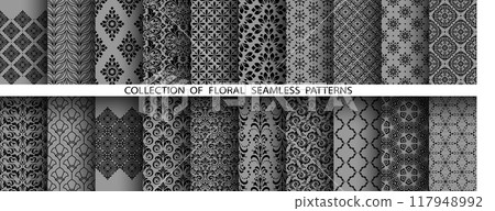 Geometric floral set of seamless patterns. Gray and black vector backgrounds. Damask graphic ornaments 117948992