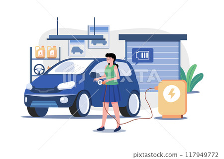 Woman Charging An Electric Car At Home 117949772