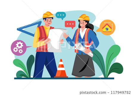 Construction workers discussing on building plan Construction workers discussing on building plan 117949782