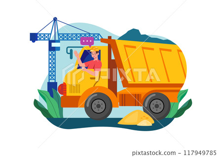 Truck driver rising hand while sitting in construction truck Truck driver rising hand while sitting in construction truck 117949785