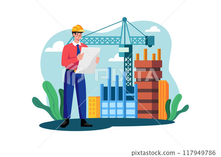 Builder looking architectural plan of the project Builder looking architectural plan of the project 117949786
