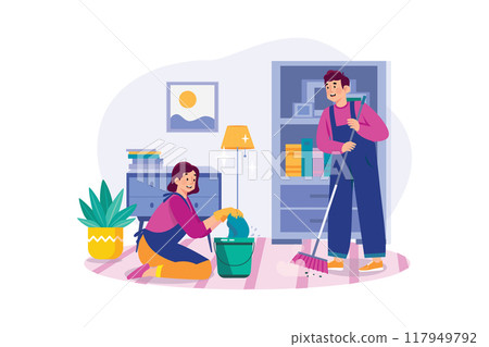 Cleaning worker with bucket and broom 117949792