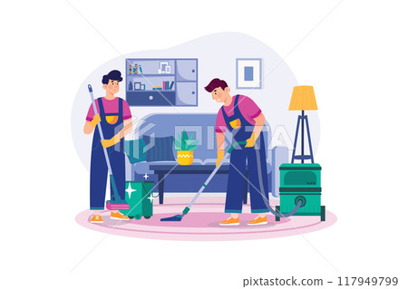 Male worker doing vacuum cleaning the clean floor in the living room Male worker doing vacuum cleaning the clean floor in the living room 117949799