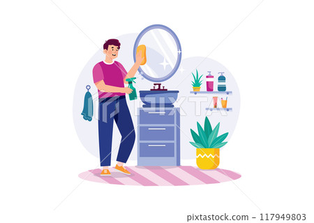 Man cleaning mirror in the bathroom Man cleaning mirror in the bathroom 117949803