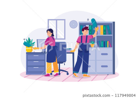 Worker cleaning the office with a feather brush 117949804