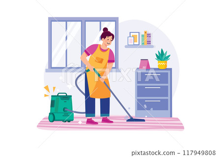 Cleaning worker cleaning floor with the vacuum cleaner Cleaning worker cleaning floor with the vacuum cleaner 117949808