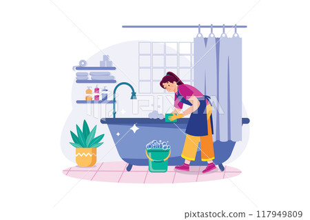 Female cleaner is scrubbing the bathroom 117949809