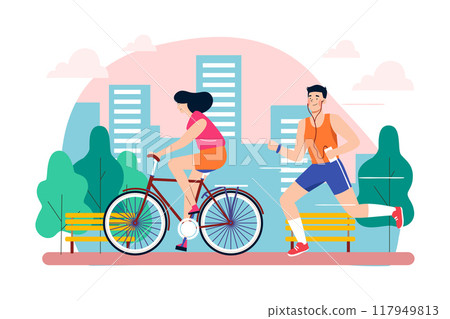 Couple jogging and cycling in the park 117949813