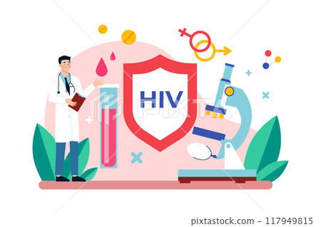 Medical workers with HIV test tubes are researching on aids blood 117949815